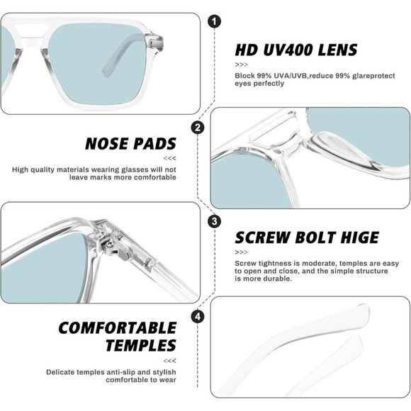 🆕Women Blue Retro Trendy Classic Square Vintage Shade Double Bridge Sunglasses - Picture 3 of 7